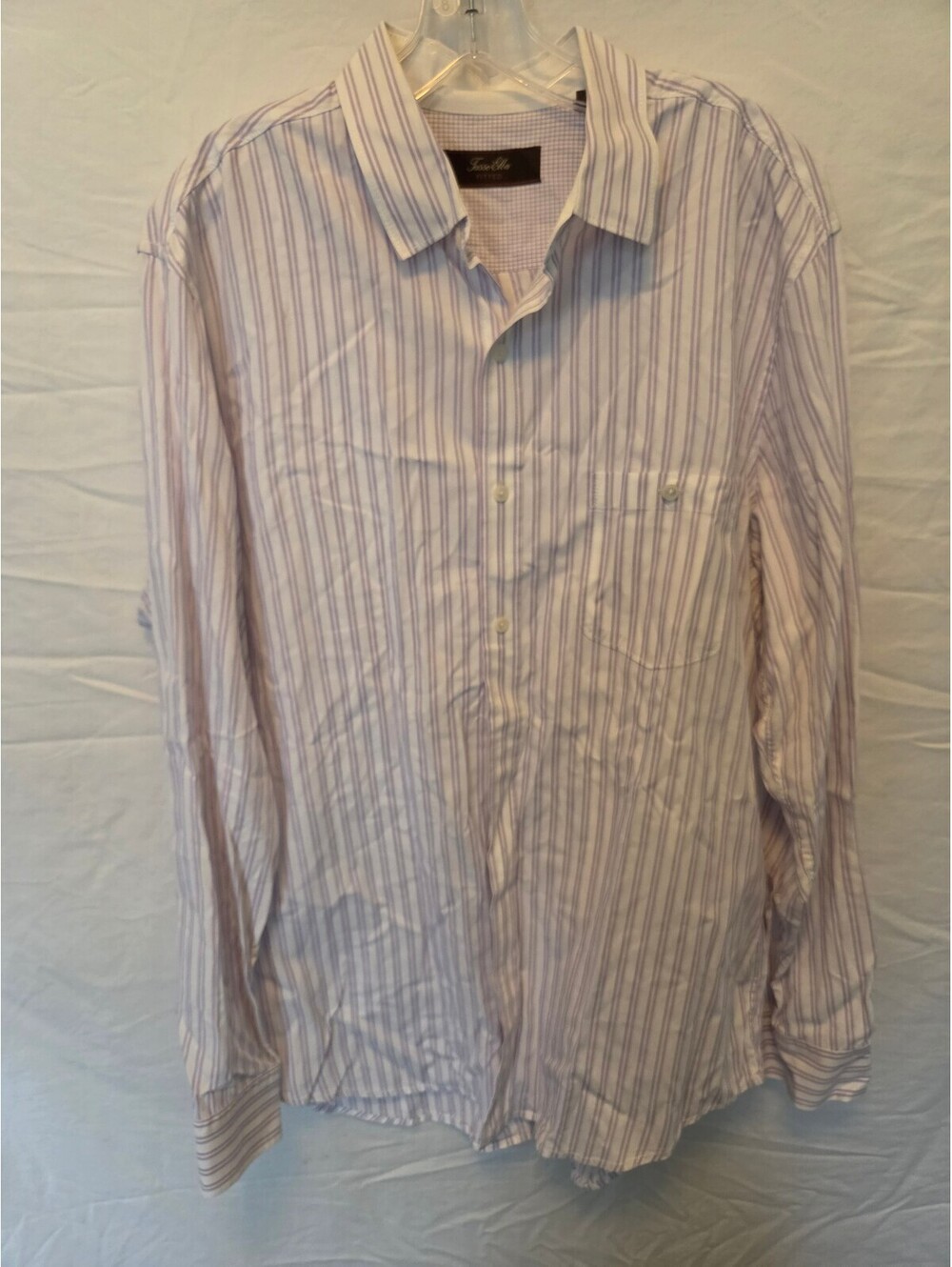 Tasso Elba Men's XL Fitted Long Sleeve Cotton Dress Shirt White with Purple Stri